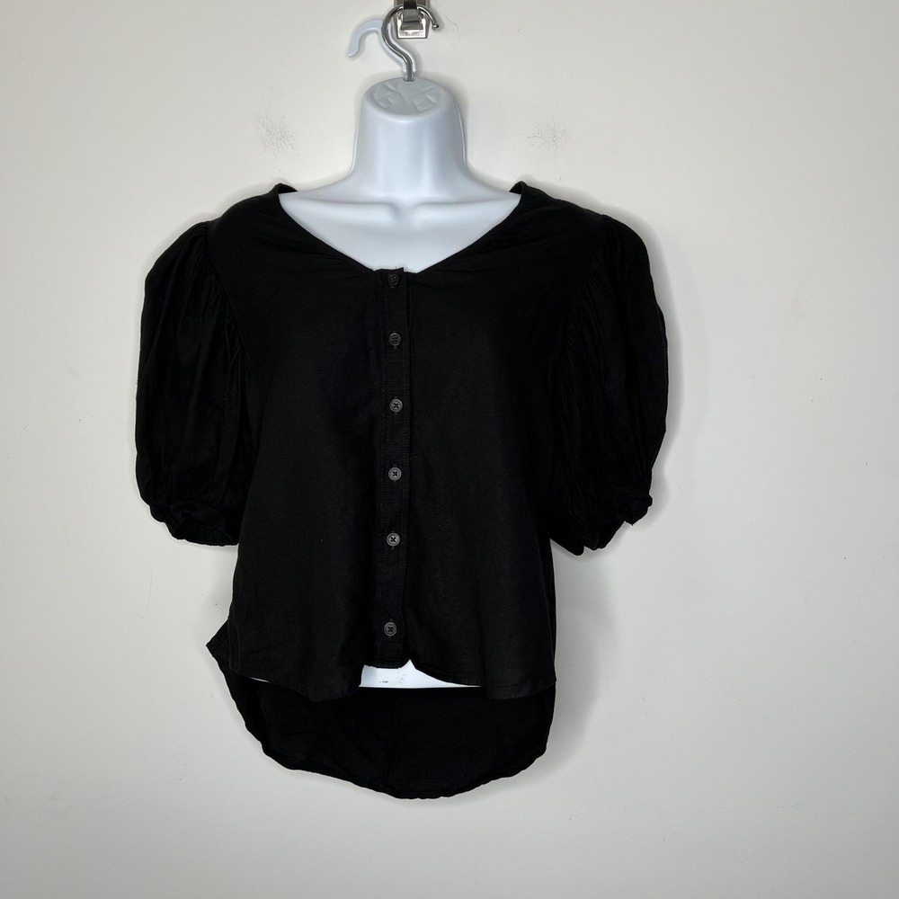 Express Shirt Womens XS Black Puff Sleeve Button Front Linen Blend Blouse V Neck